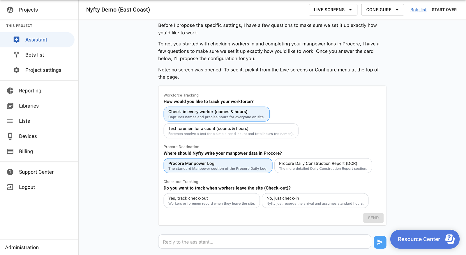 The assistant asking setup questions about workforce tracking, Procore destination and check-out tracking