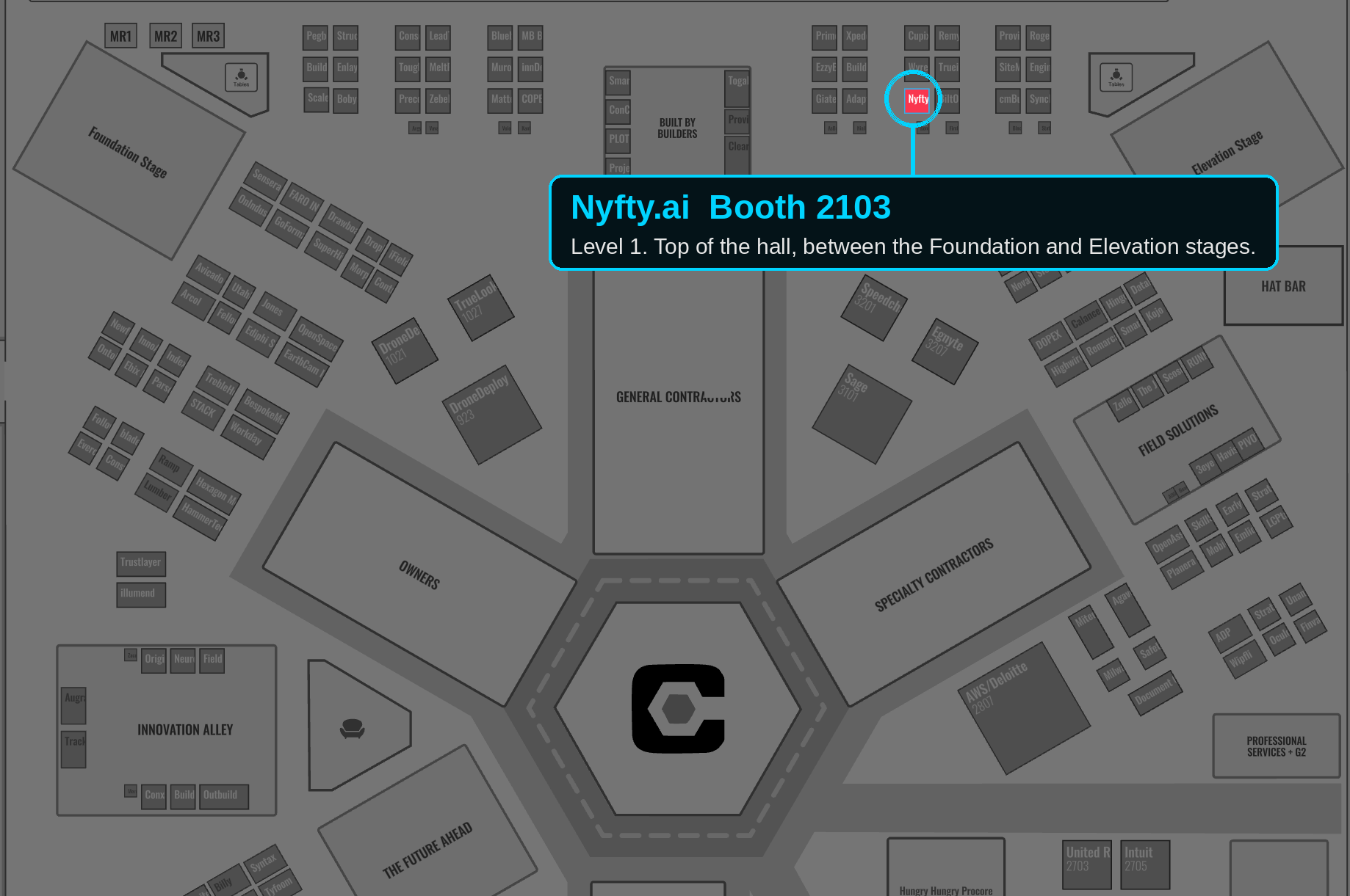 Groundbreak 2026 expo hall map with Nyfty.ai booth 2103 highlighted